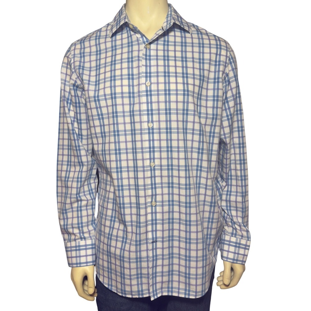 Banana Republic Button Down Shirt Mens L Blue Excellent Non-Iron Slim Fit Plaid
